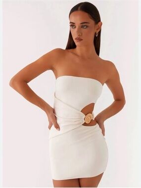 Peppermayo Ivory Strapless Cutout Mini Dress with Shell Buckle
